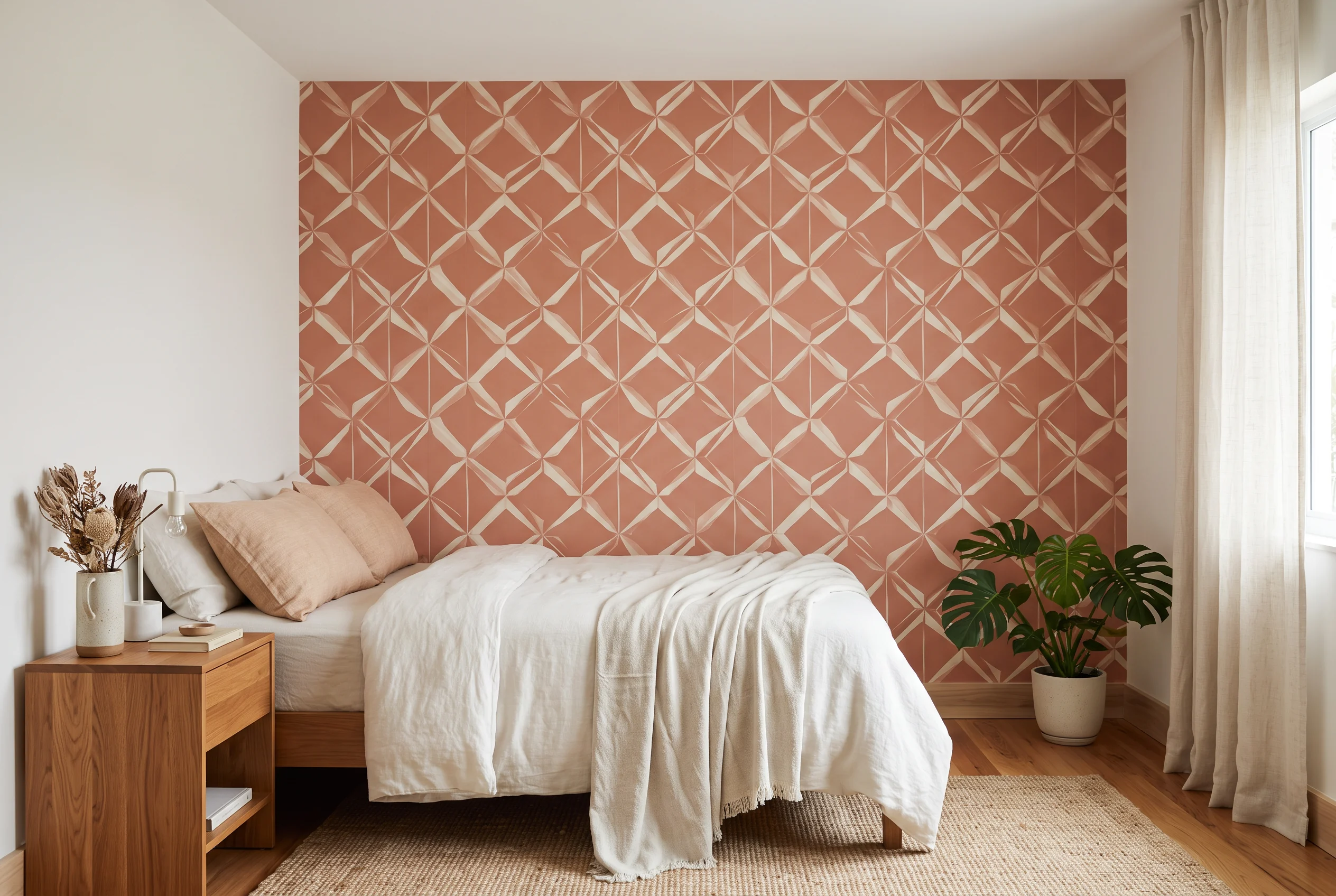 A bedroom accent wall covered in muted terracotta geometric wallpaper