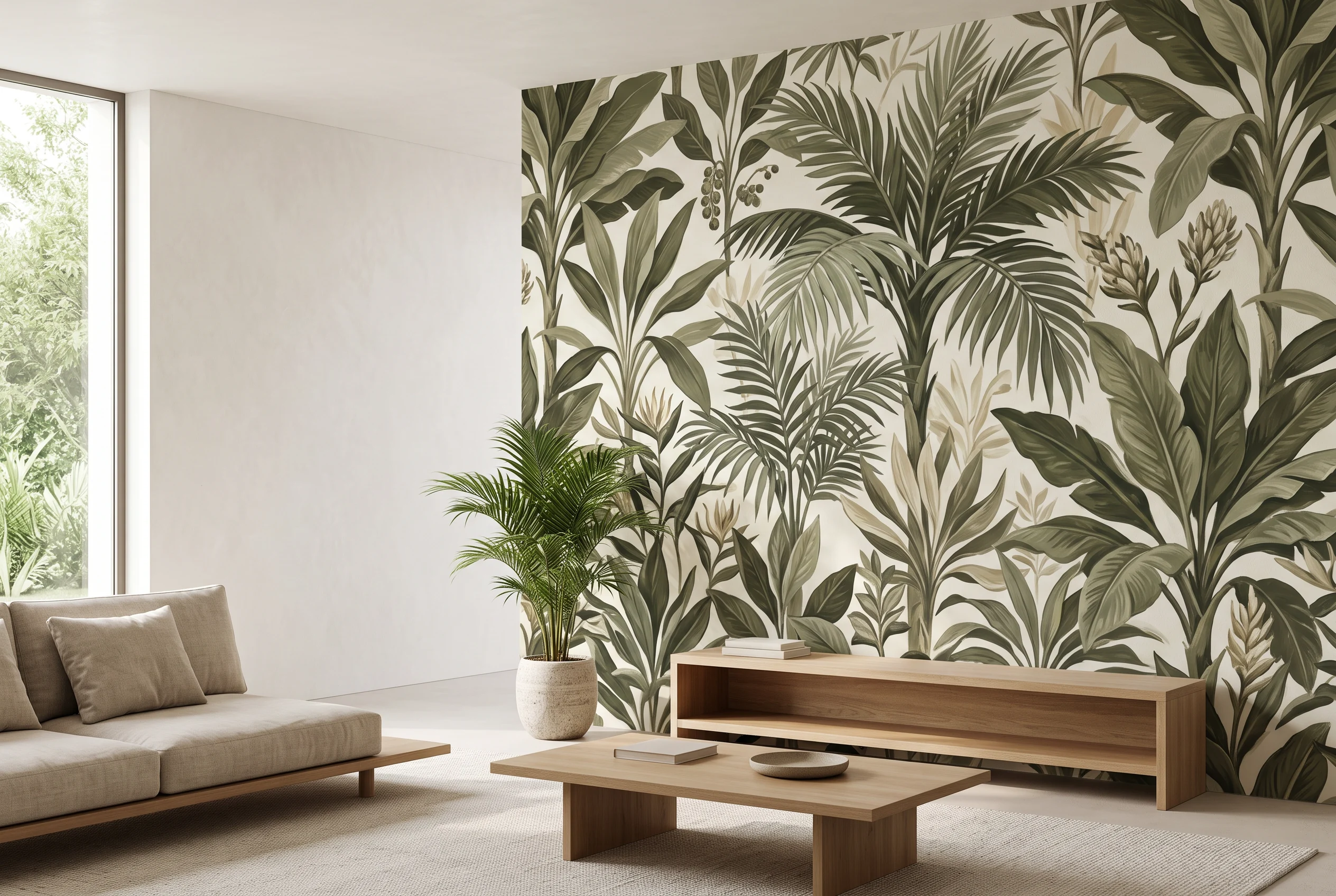 Botanical wallpaper in a sunlit living room with a linen sofa and warm wood furniture